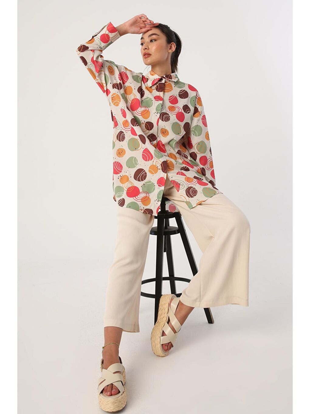 Bej-Yeşil %100 Pamuk Gizli Patlı Oversize Desenli Gömlek Tunik