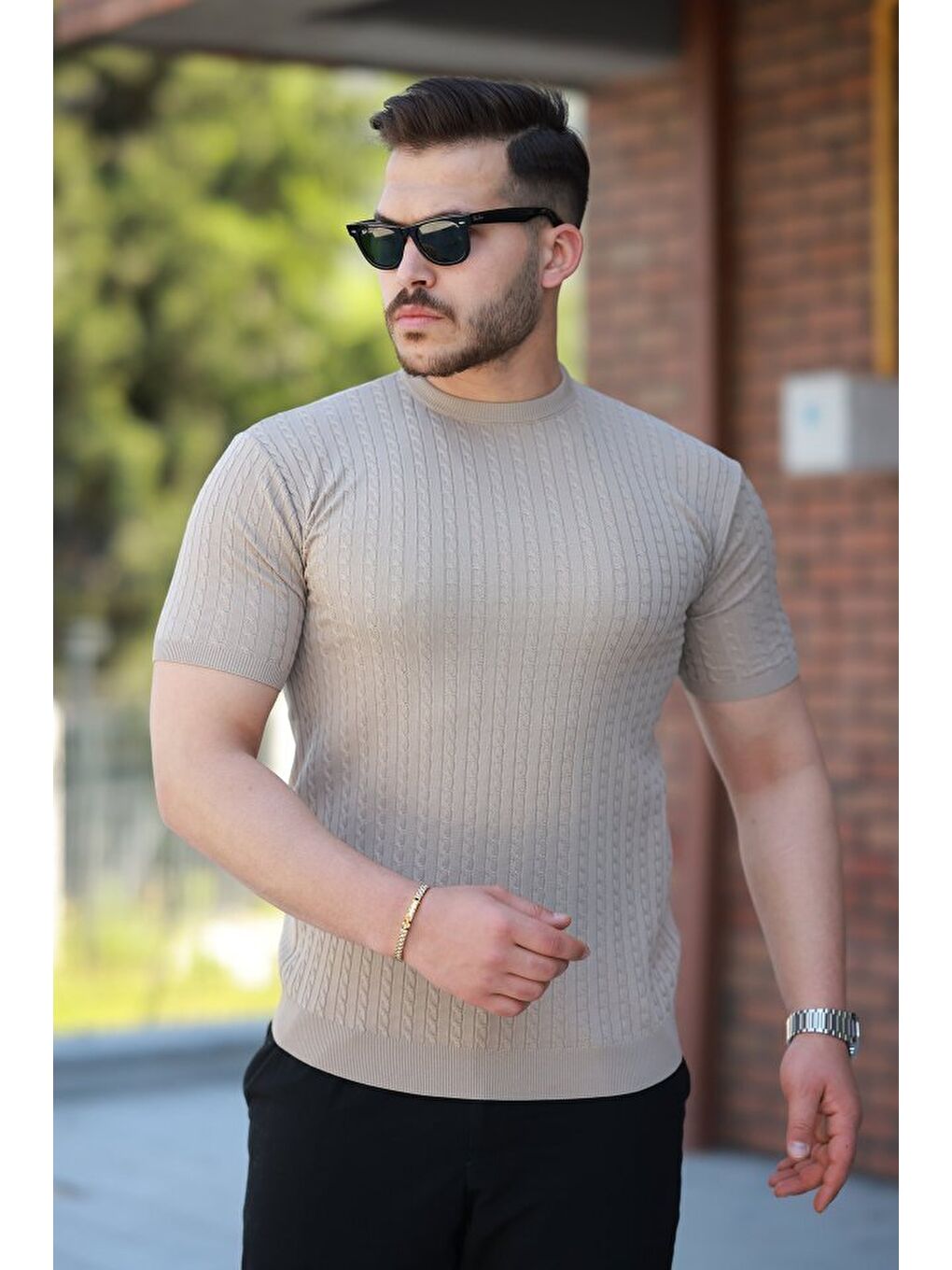 Bej Erkek Bisiklet Yaka örgü Desenli Kısa örme Triko Kısa Kollu T-shirt