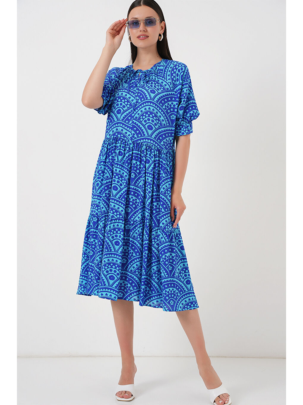 Mavi Kadın Kısa Kol Desenli Elbise 2553 - Saks-1