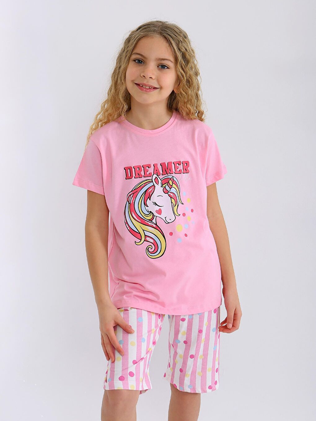 Pembe Kız Çocuk Kısa Kollu Kapri %100 Pamuklu Pijama Takımı Dreamer Girl