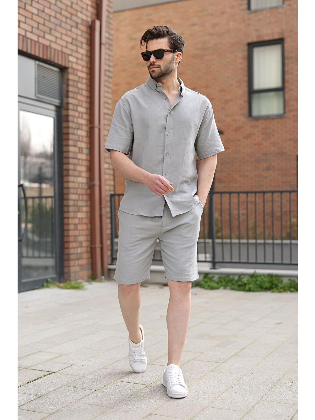 Boyalı Gri Basic Erkek Şort Gömlek Takım E7321-4