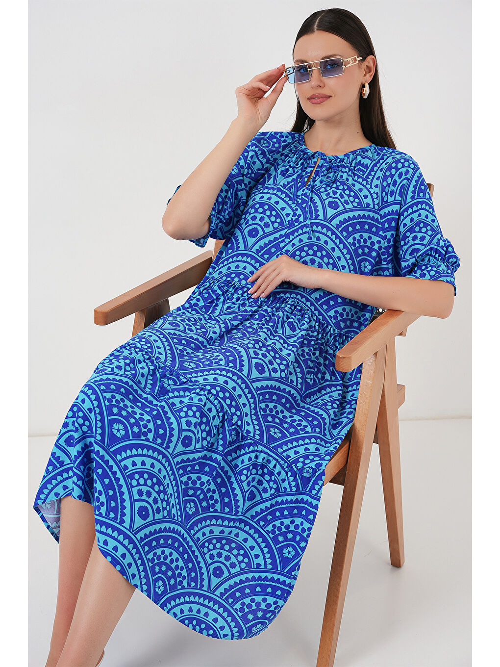 Mavi Kadın Kısa Kol Desenli Elbise 2553 - Saks-2