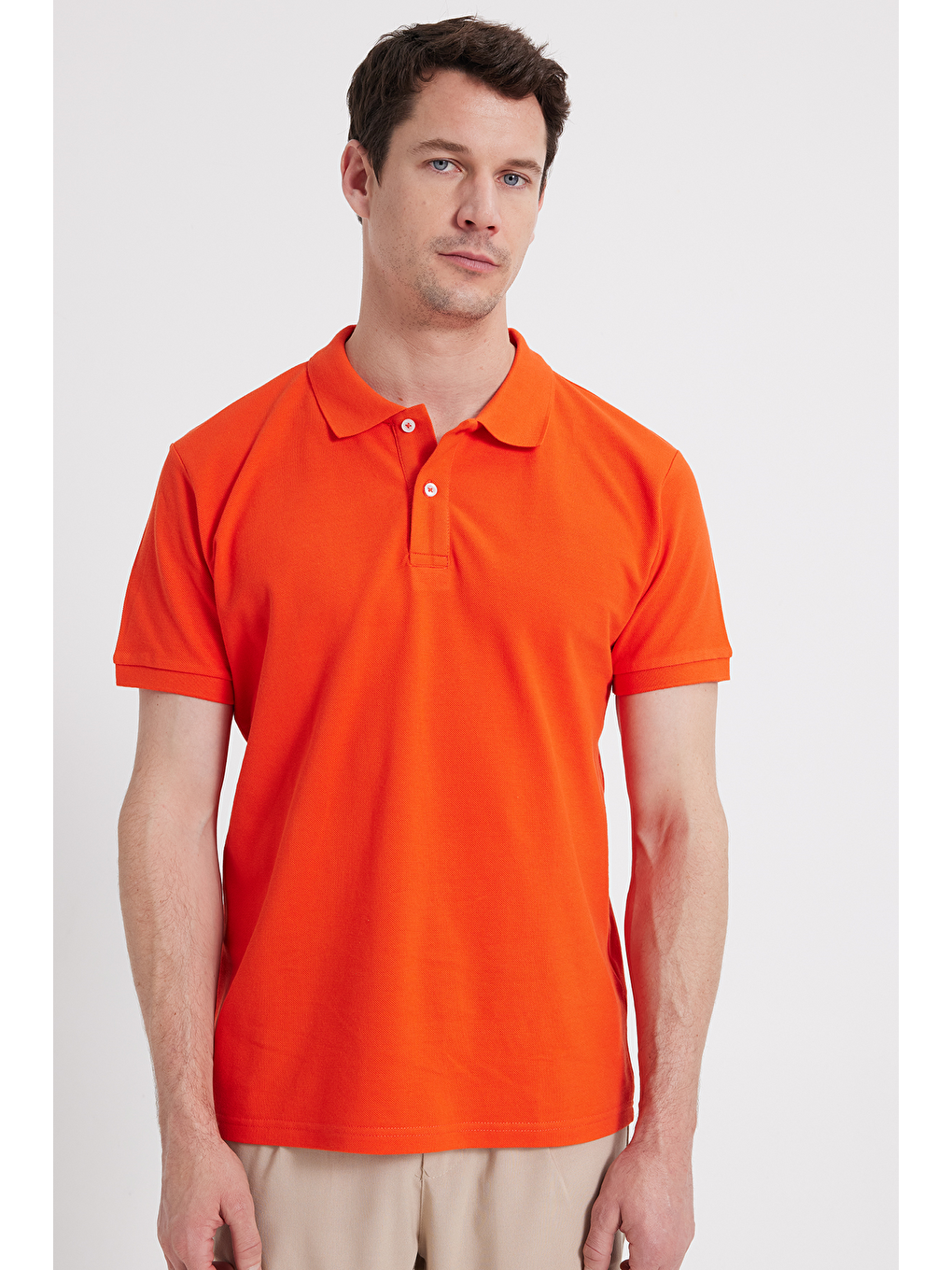 Erkek Slim Fit Dar Kesim %100 Pamuk Kısa Kollu Polo Yaka Turuncu Tişört