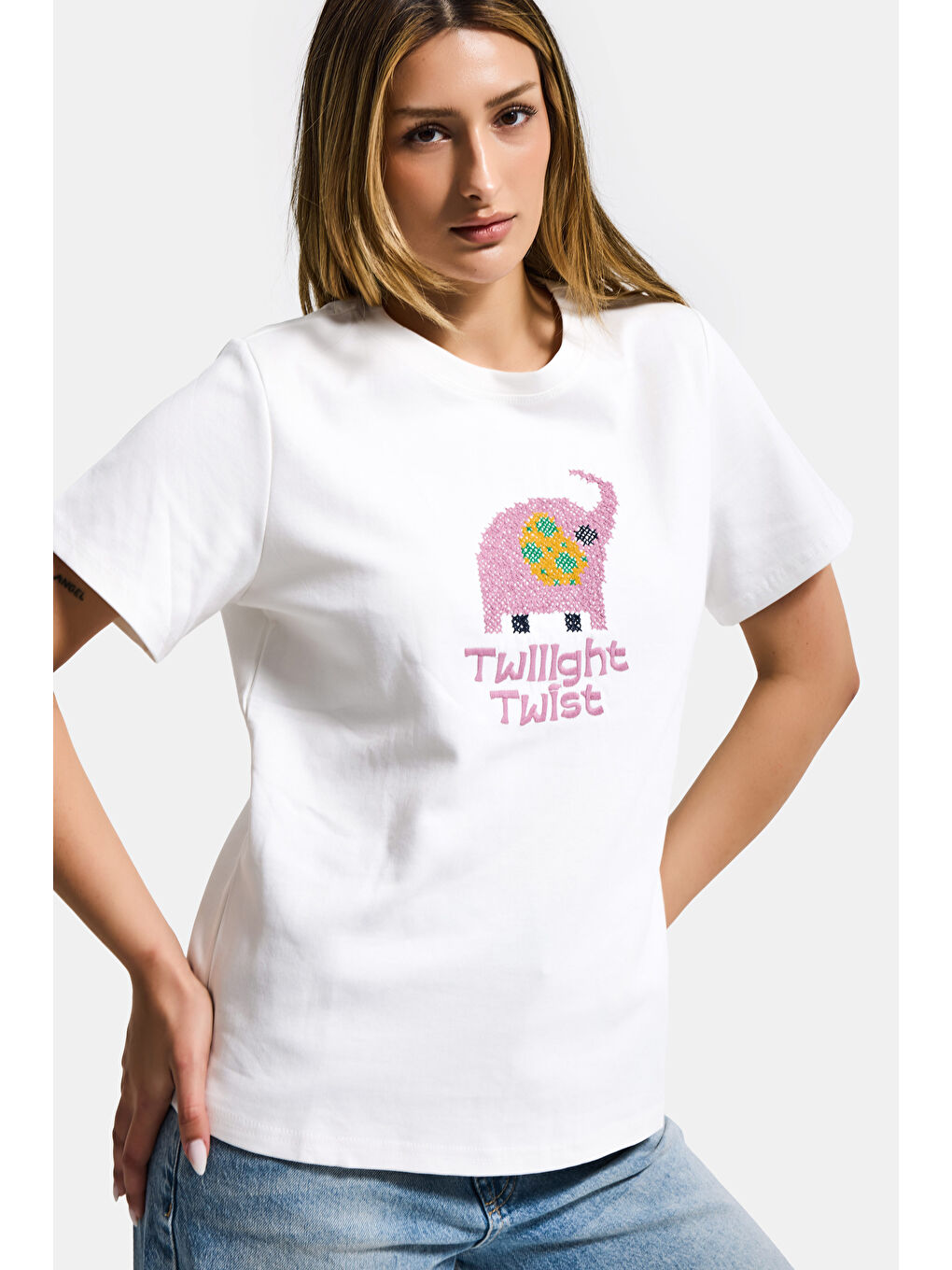 Kadın Beyaz Renk w5 Nakış Detaylı Oversize Tasarım T-Shirt-4