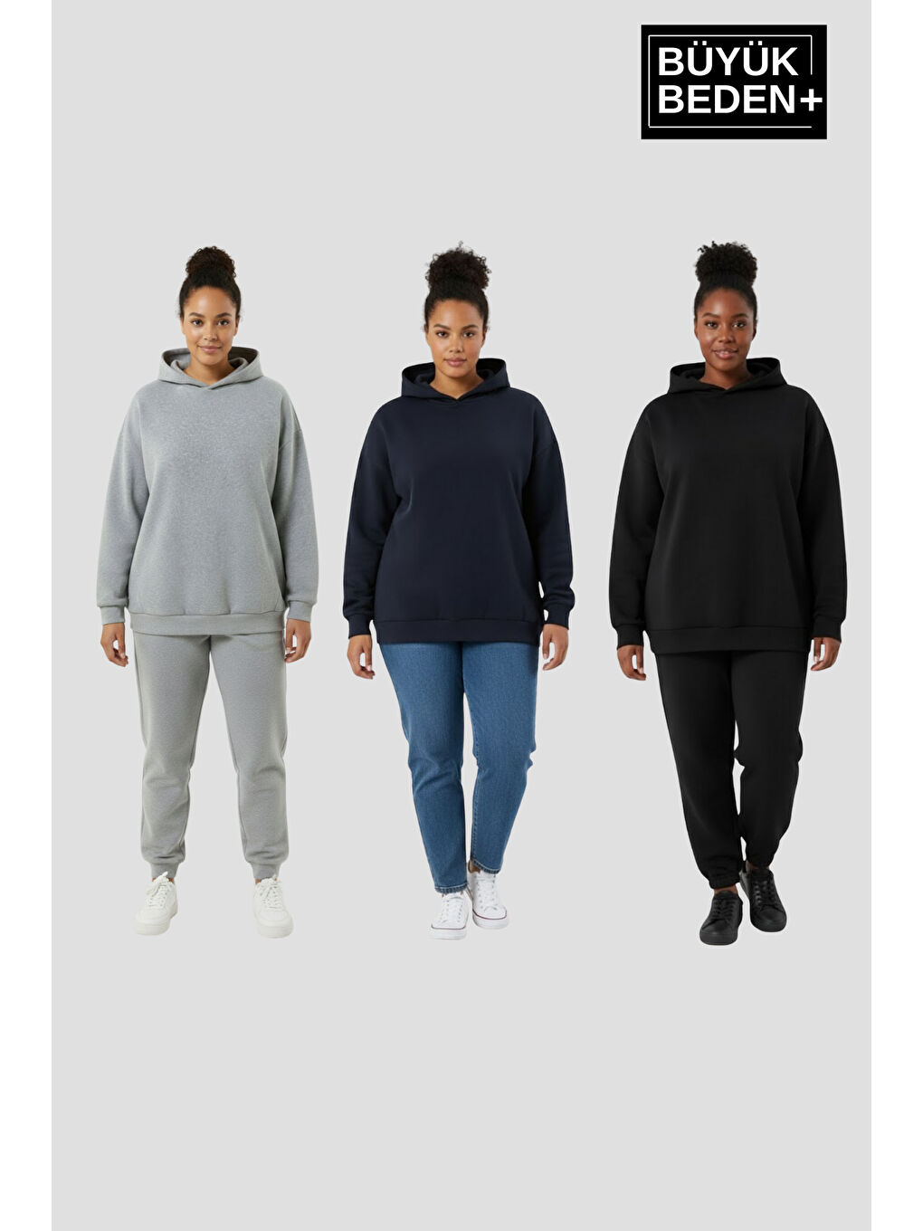 Siyah Kadın Büyük Beden 3 lü Set Kollar Ve Etek Ribanalı ince Kapüşonlu Swatshırt SPR26BSWK957+3