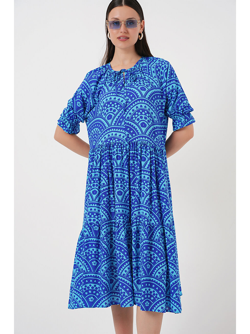 Mavi Kadın Kısa Kol Desenli Elbise 2553 - Saks-3