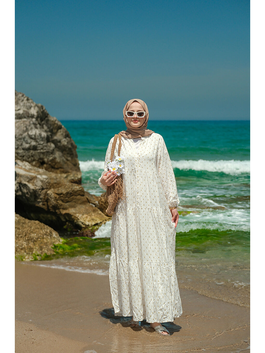 Ekru Kadın Sim Boncuk Detaylı Elbise Krem-4