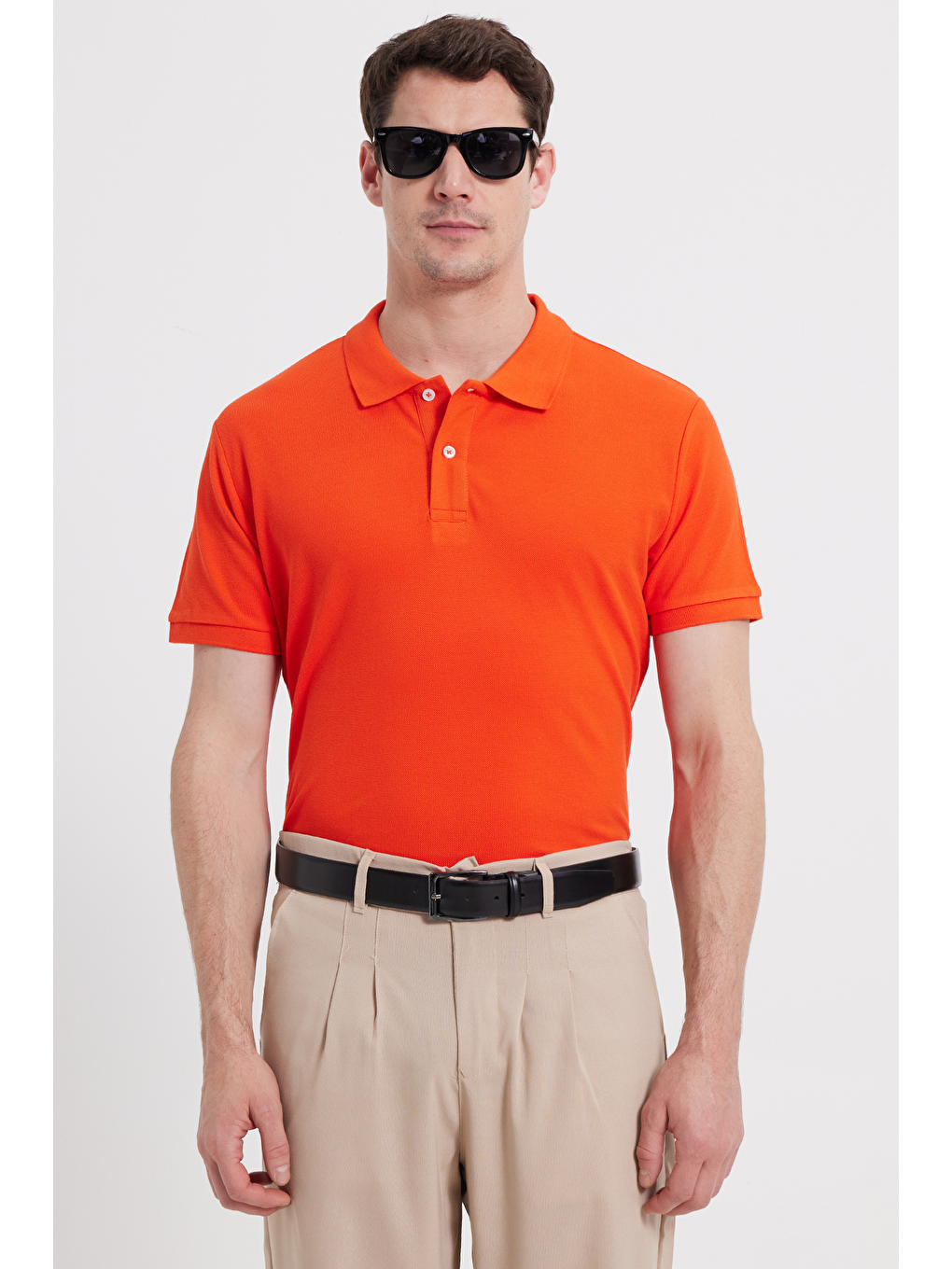 Erkek Slim Fit Dar Kesim %100 Pamuk Kısa Kollu Polo Yaka Turuncu Tişört-1