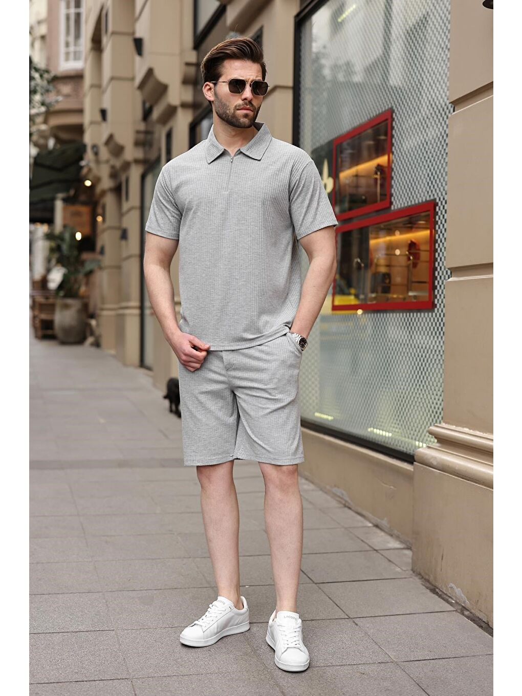 Gri Polo Yaka T-Shirt Şort Takım E7363-1