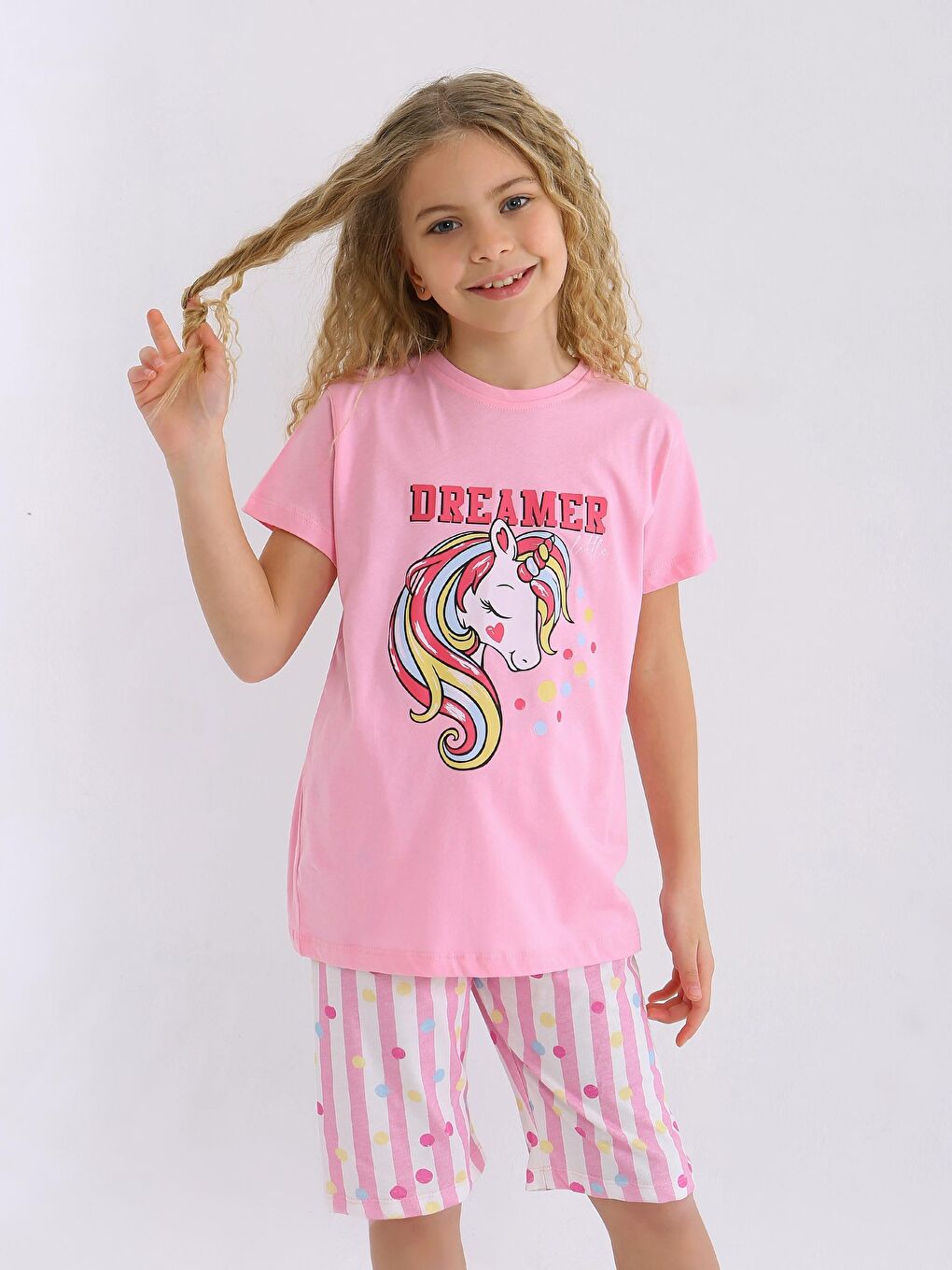 Pembe Kız Çocuk Kısa Kollu Kapri %100 Pamuklu Pijama Takımı Dreamer Girl-2