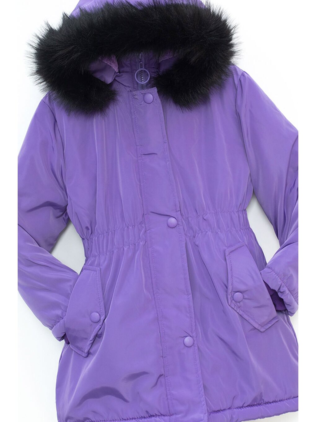 Lila Çıtçıtlı Cepli Esnek Bel İçi Kürklü Kız Çocuk Kapüşonlu Mont 21310-1