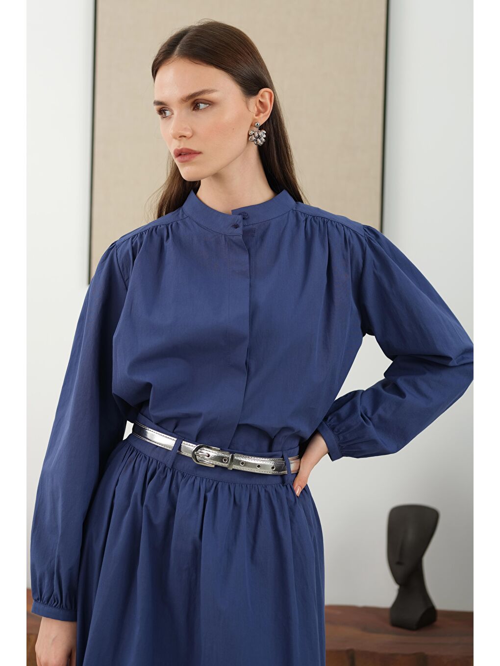 Omzu Büzgülü Poplin Gömlek Koyu Jean Mavi