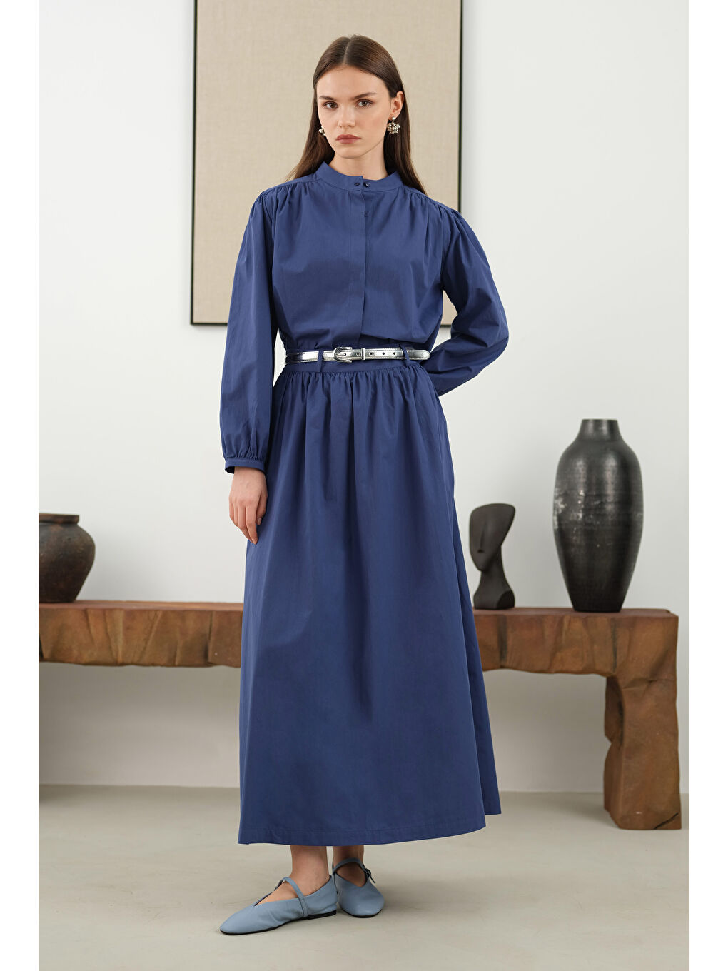 Omzu Büzgülü Poplin Gömlek Koyu Jean Mavi-1