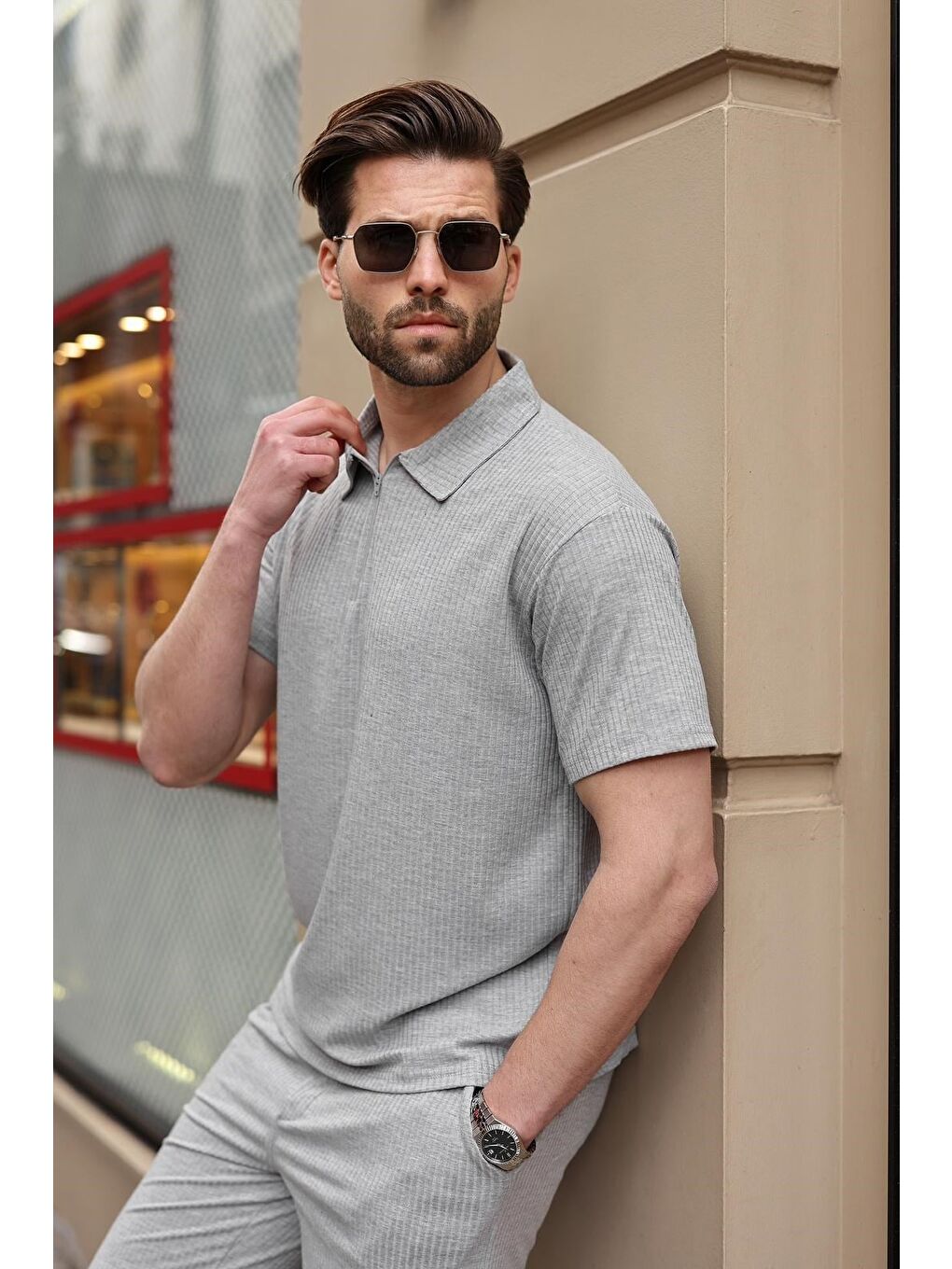 Gri Polo Yaka T-Shirt Şort Takım E7363-2