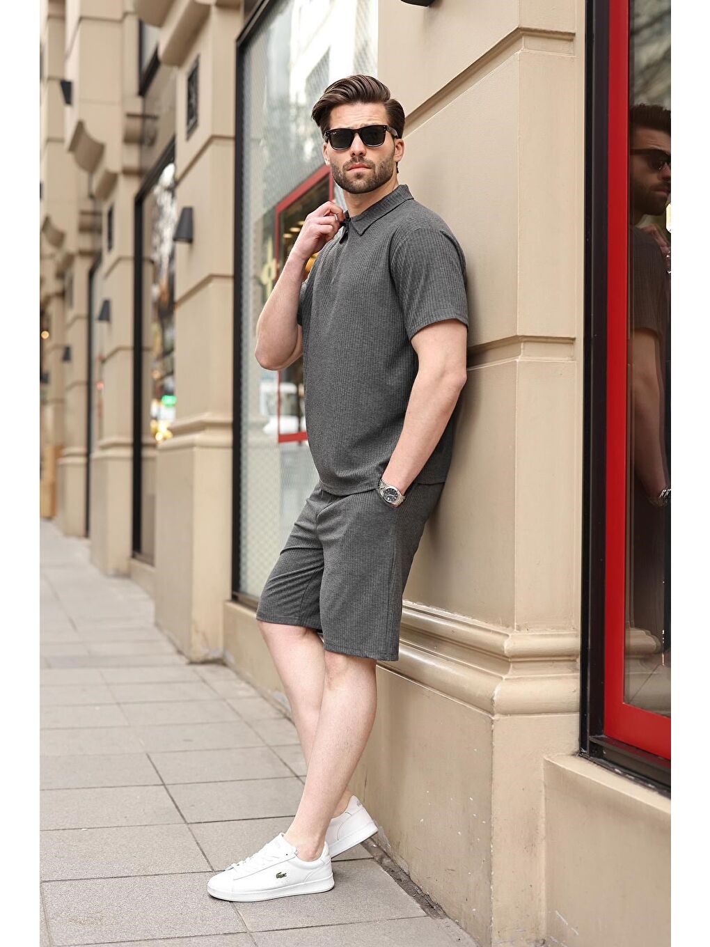 Antrasit Polo Yaka T-Shirt Şort Takım E7363