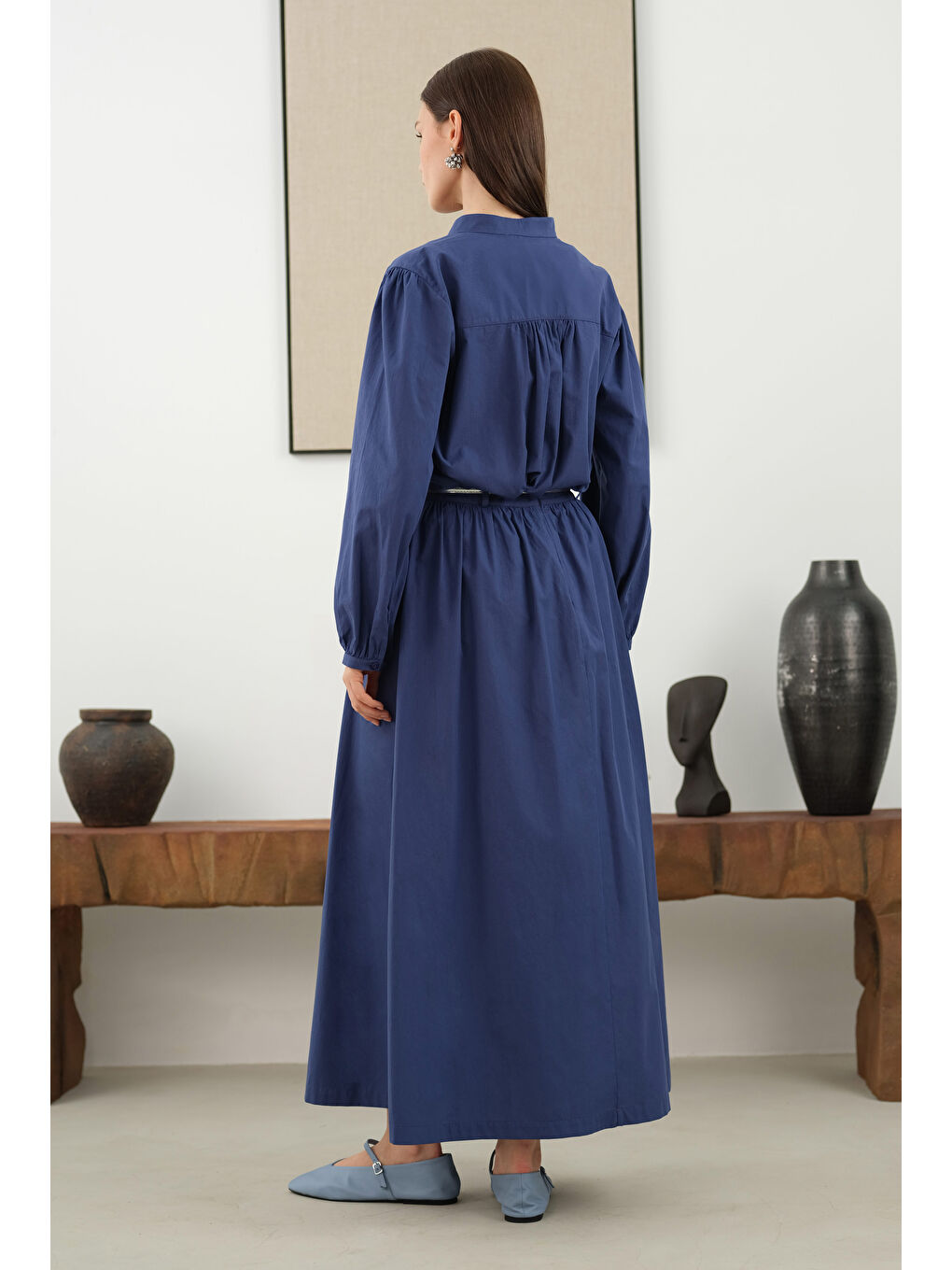 Omzu Büzgülü Poplin Gömlek Koyu Jean Mavi-2