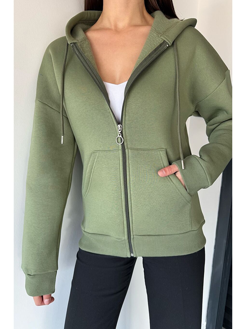 Haki Kadın Üç İplik Şardonlu Kapüşonlu Sweatshirt