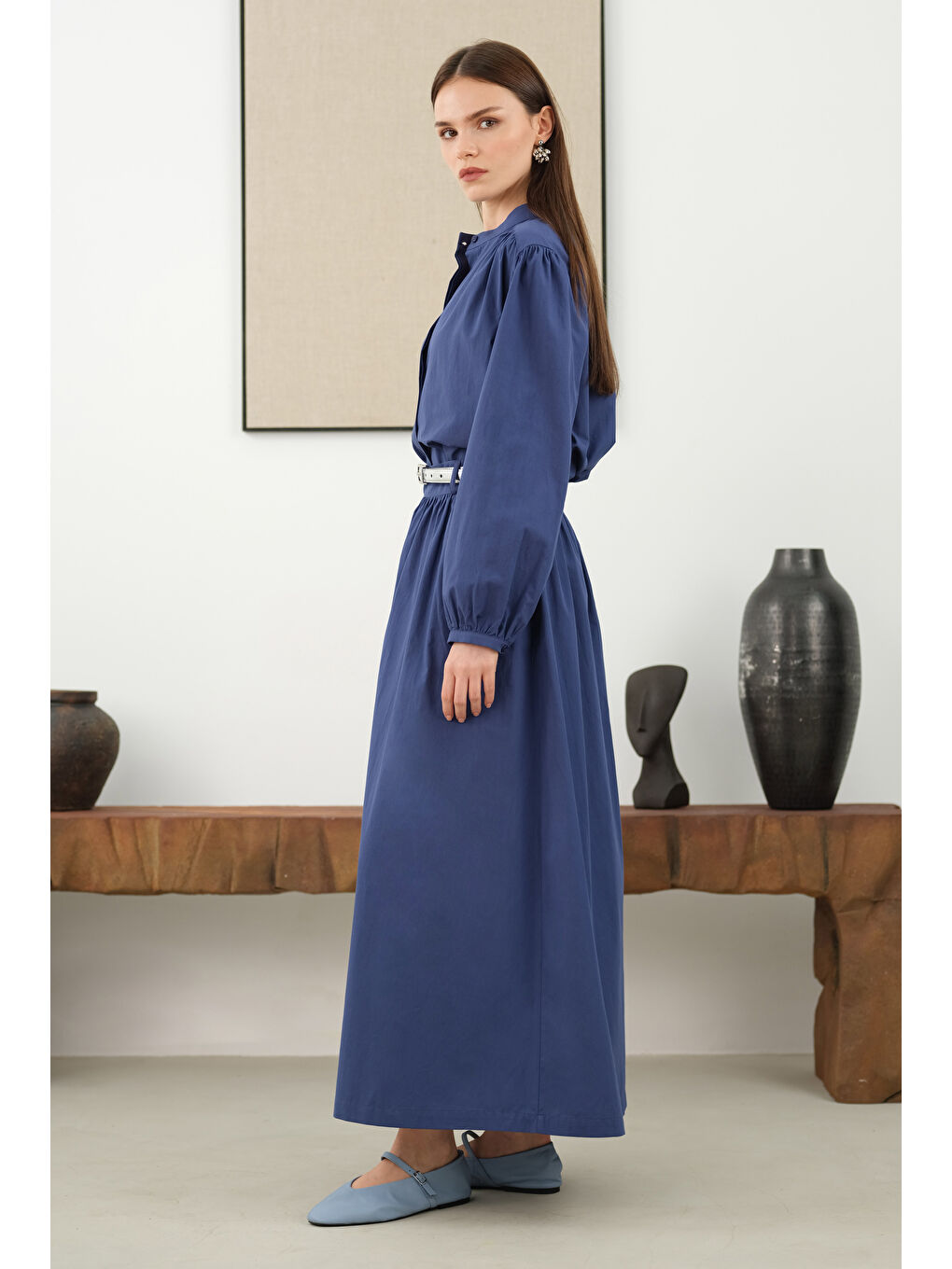 Omzu Büzgülü Poplin Gömlek Koyu Jean Mavi-3