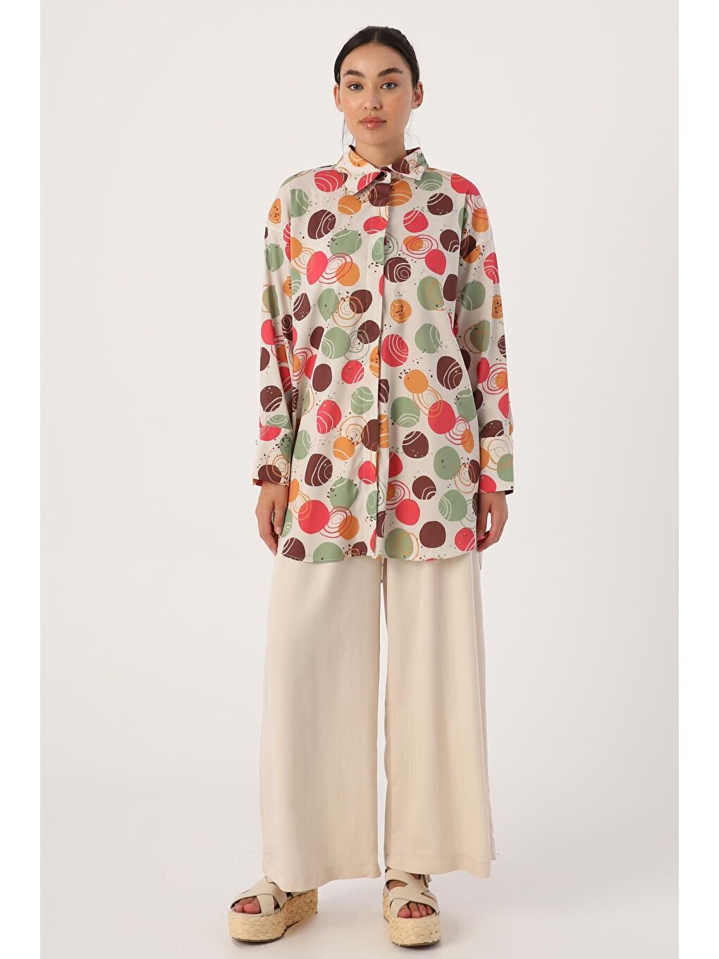 Bej-Yeşil %100 Pamuk Gizli Patlı Oversize Desenli Gömlek Tunik-1
