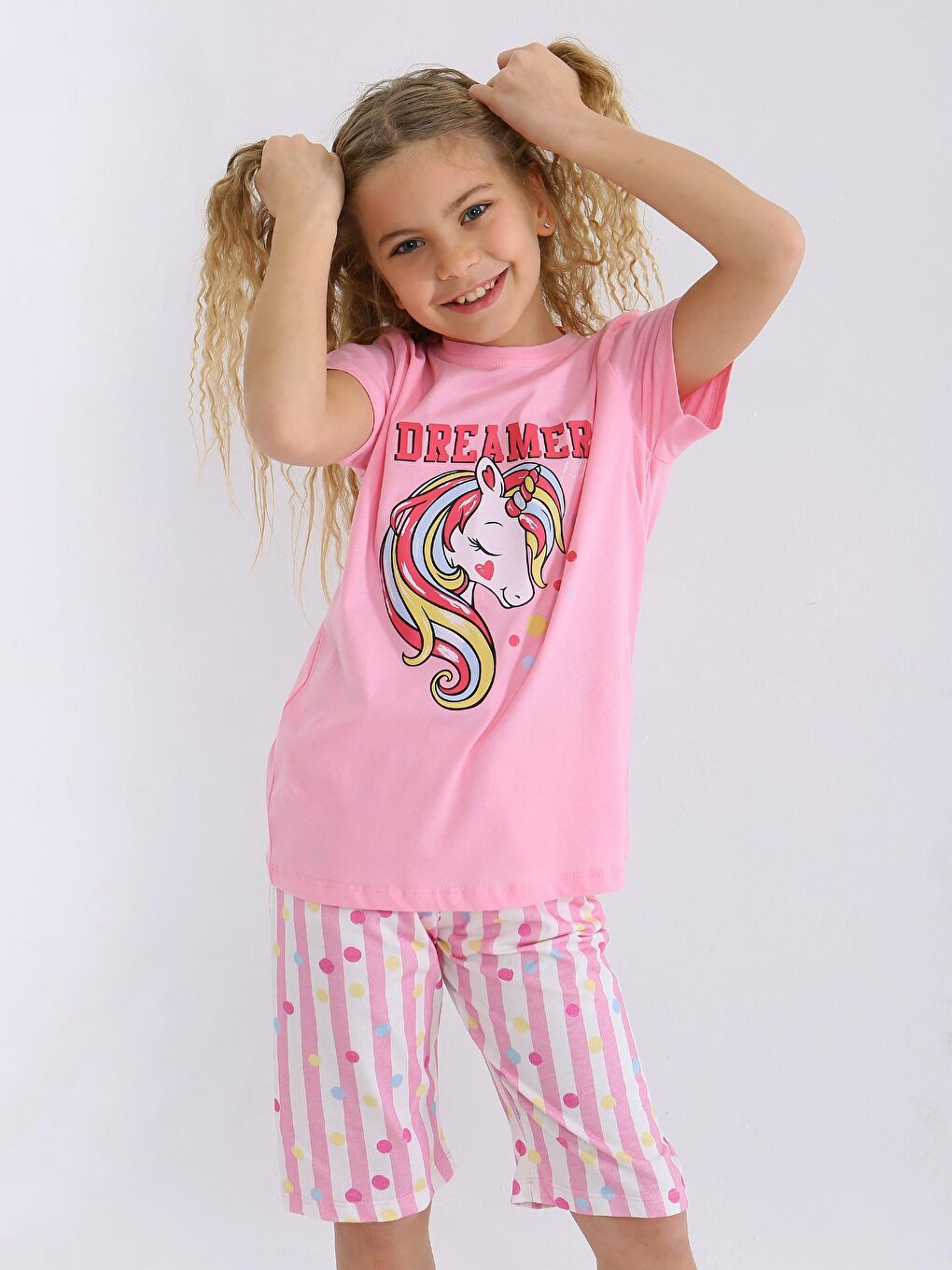 Pembe Kız Çocuk Kısa Kollu Kapri %100 Pamuklu Pijama Takımı Dreamer Girl-4