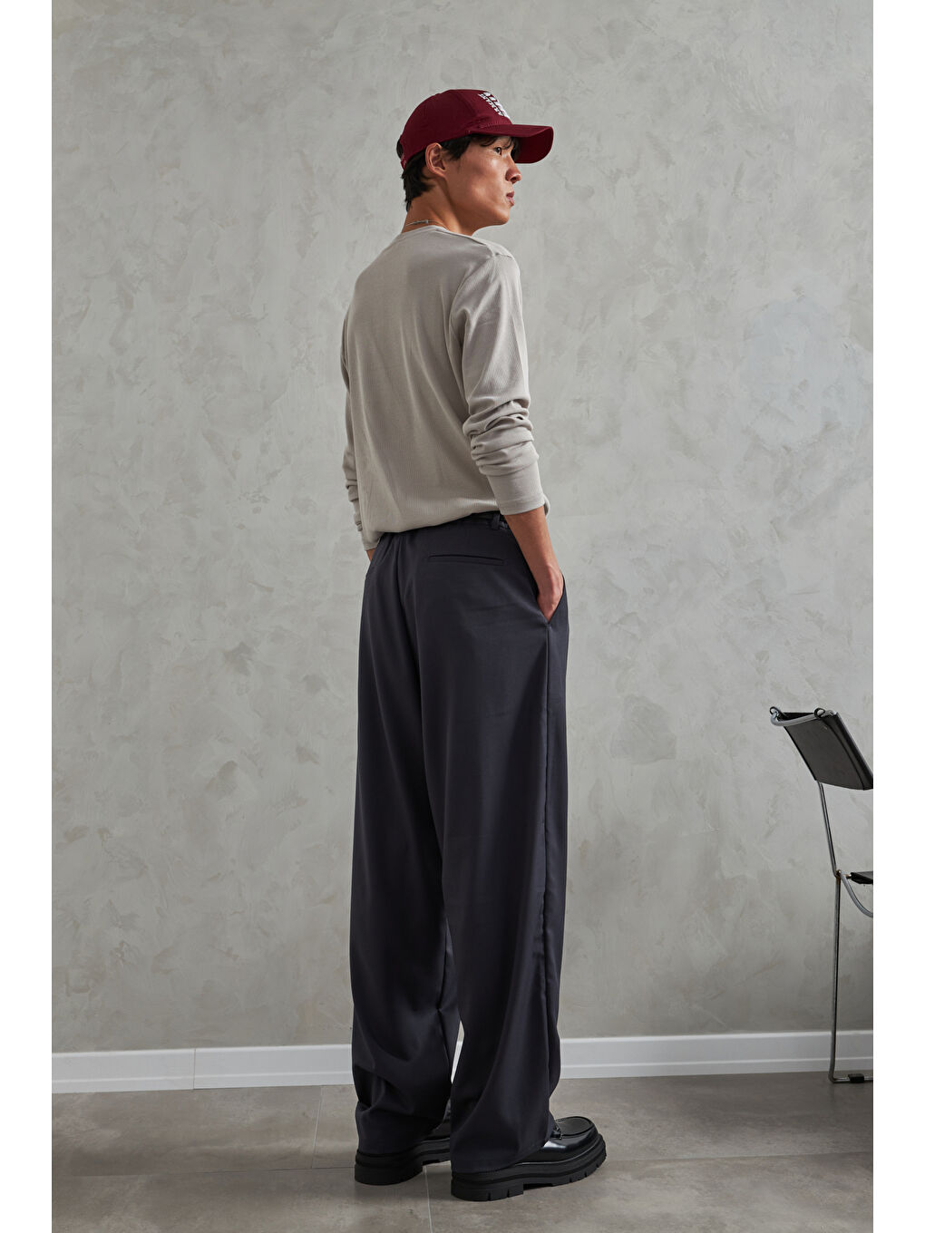 Gri Erkek Pileli Ekstra Baggy Kalıp Kumaş Pantolon-5