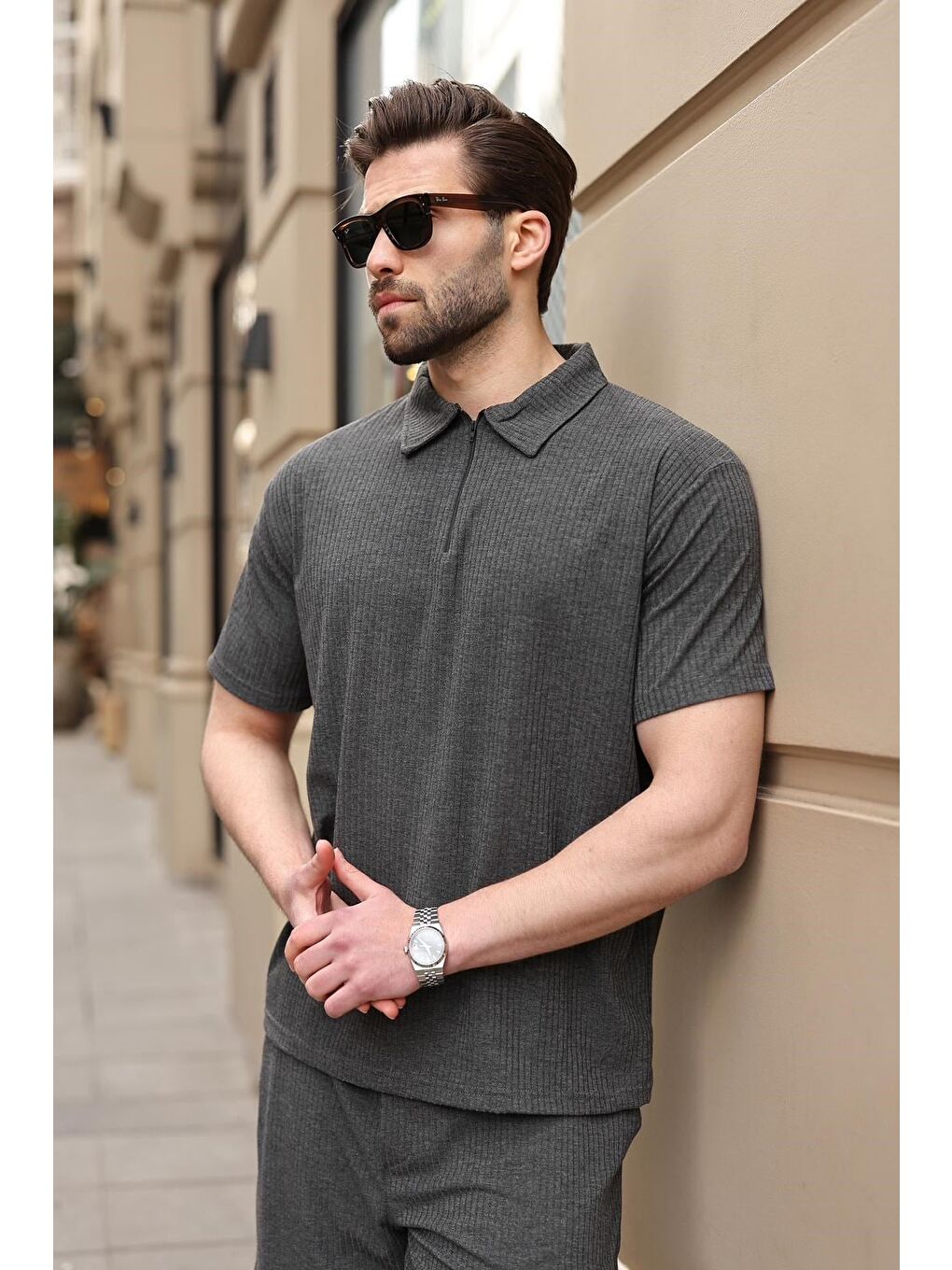 Antrasit Polo Yaka T-Shirt Şort Takım E7363-1