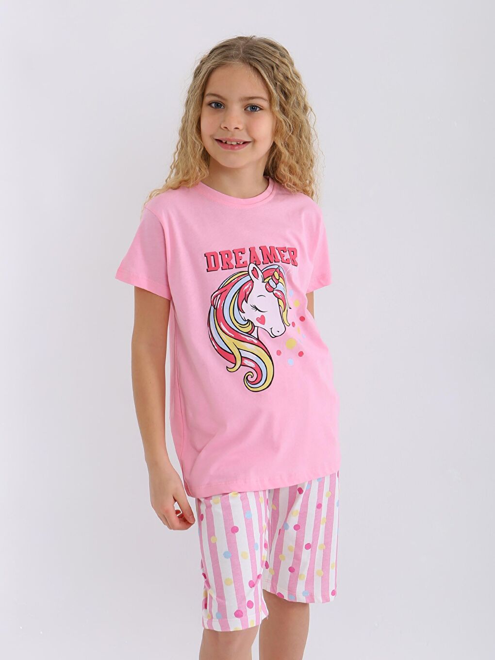 Pembe Kız Çocuk Kısa Kollu Kapri %100 Pamuklu Pijama Takımı Dreamer Girl-5