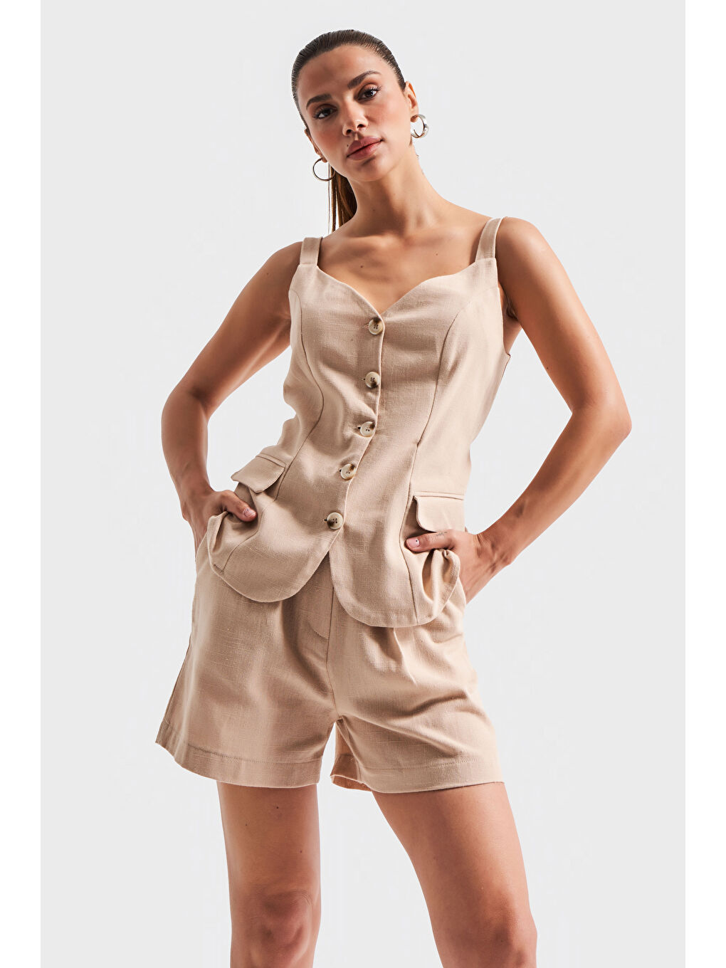 Kadın Bej Renk s5-57 Maxi Boy Askılı Önü Düğmeli Keten Kumaş Yelek-2