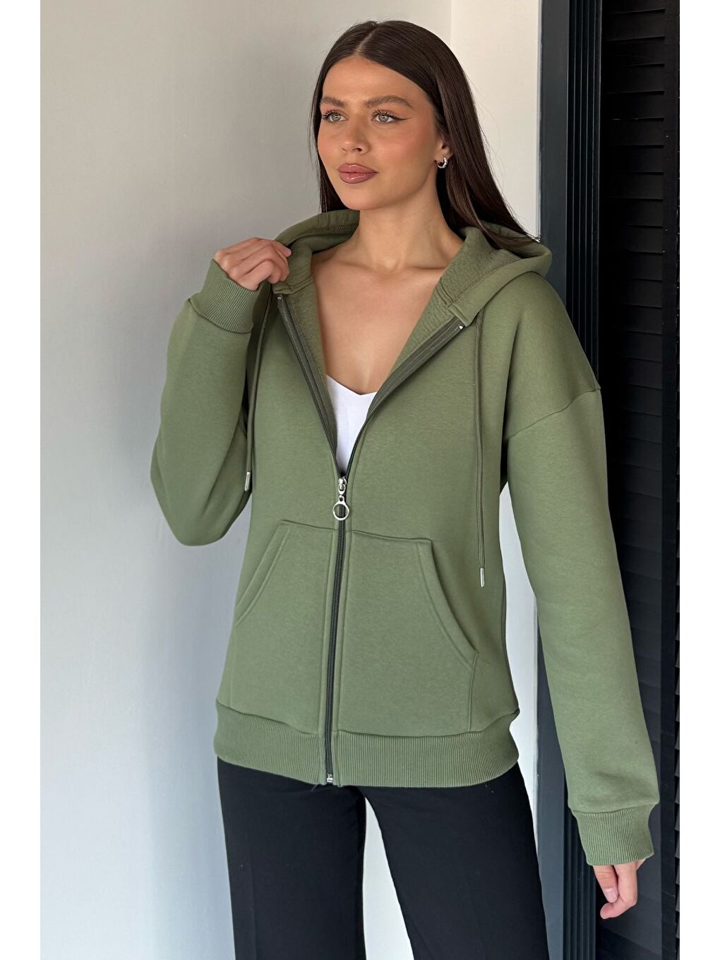 Haki Kadın Üç İplik Şardonlu Kapüşonlu Sweatshirt-1