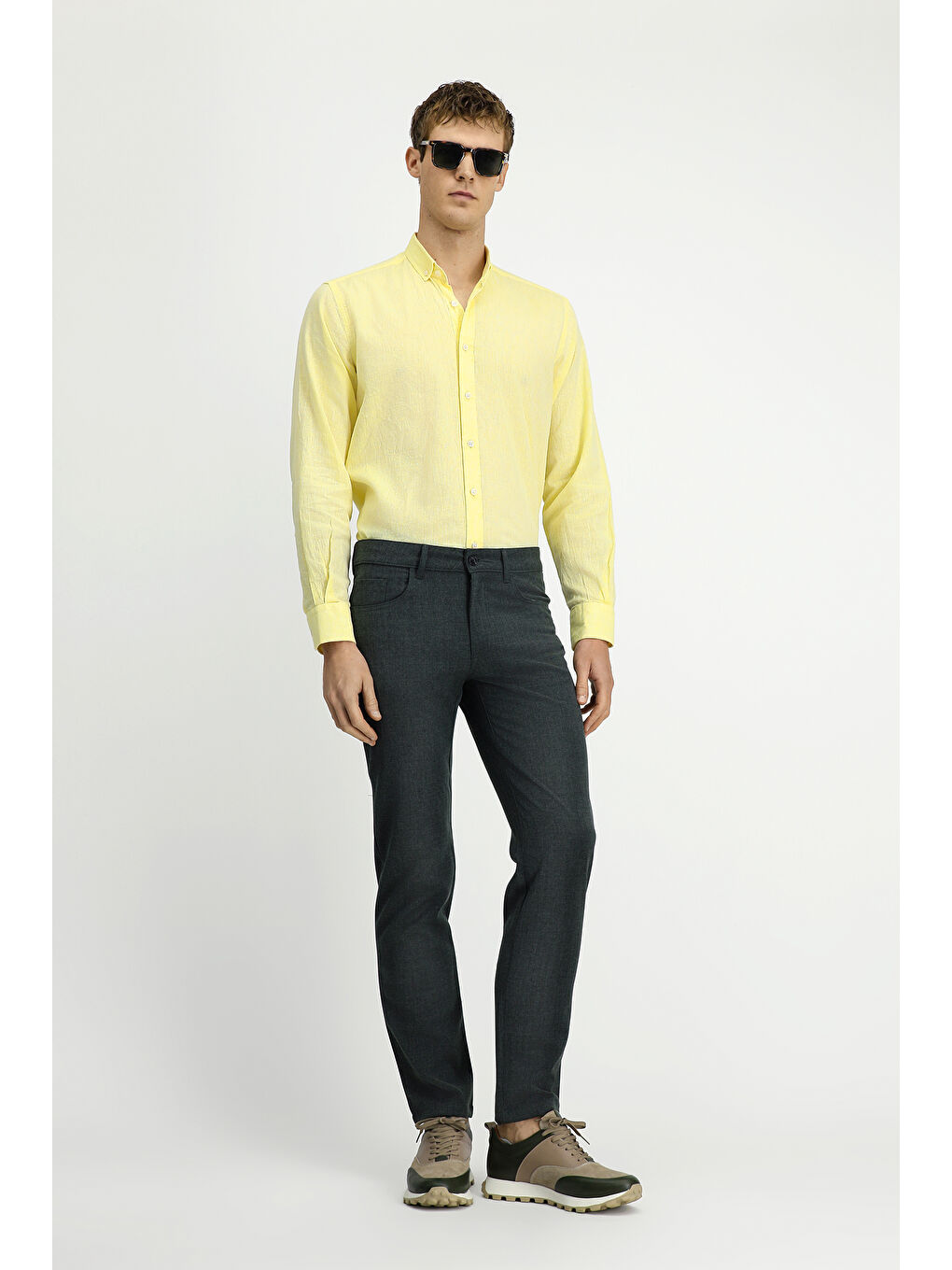 Yeşil Slim Fit Dar Kesim Yünlü Klasik Kumaş Pantolon-2