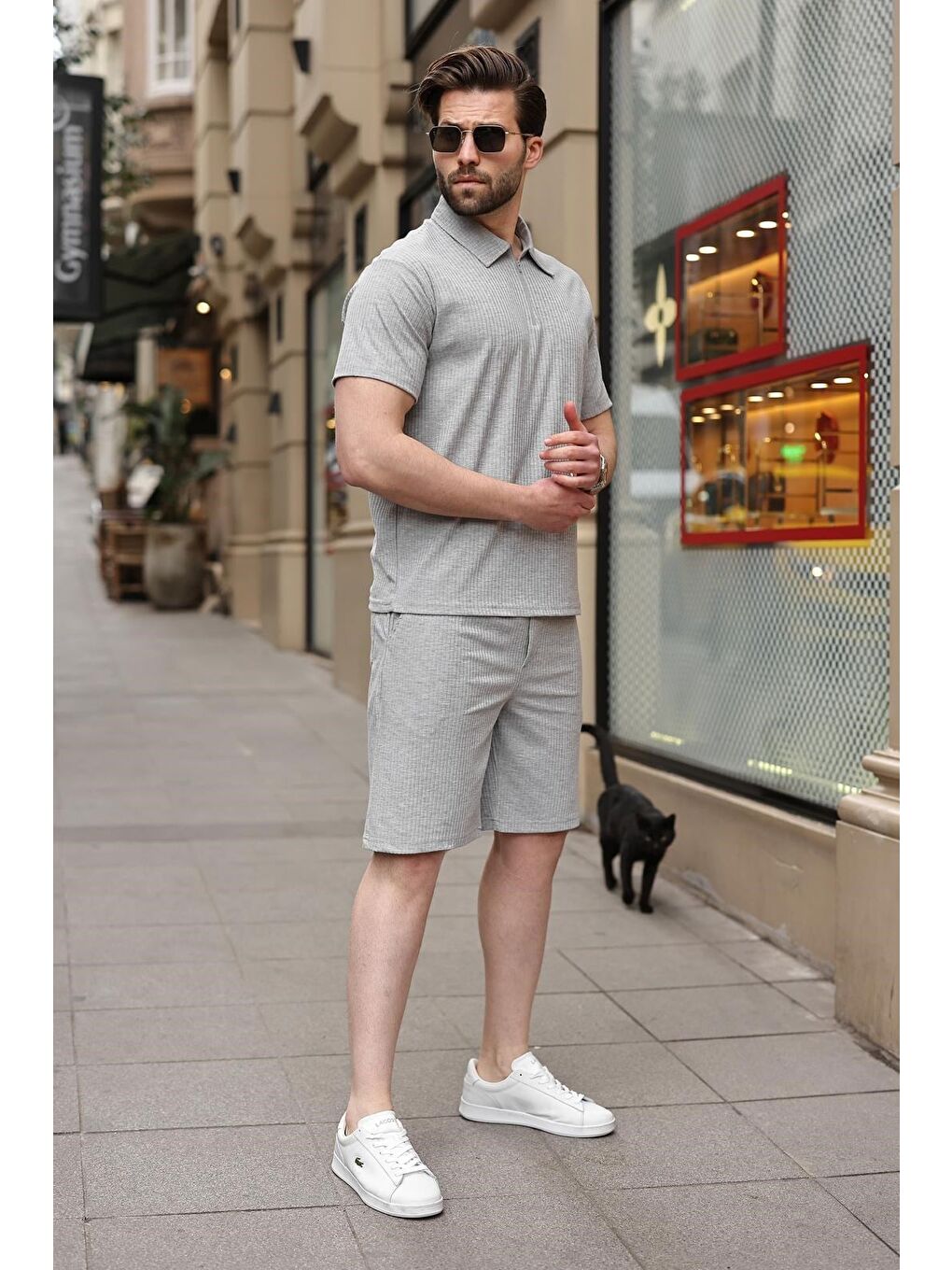 Gri Polo Yaka T-Shirt Şort Takım E7363-5