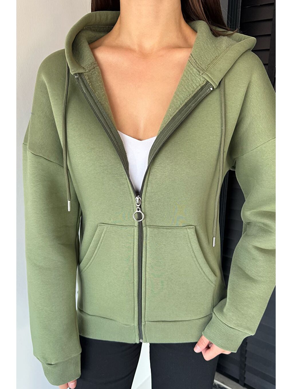 Haki Kadın Üç İplik Şardonlu Kapüşonlu Sweatshirt-2