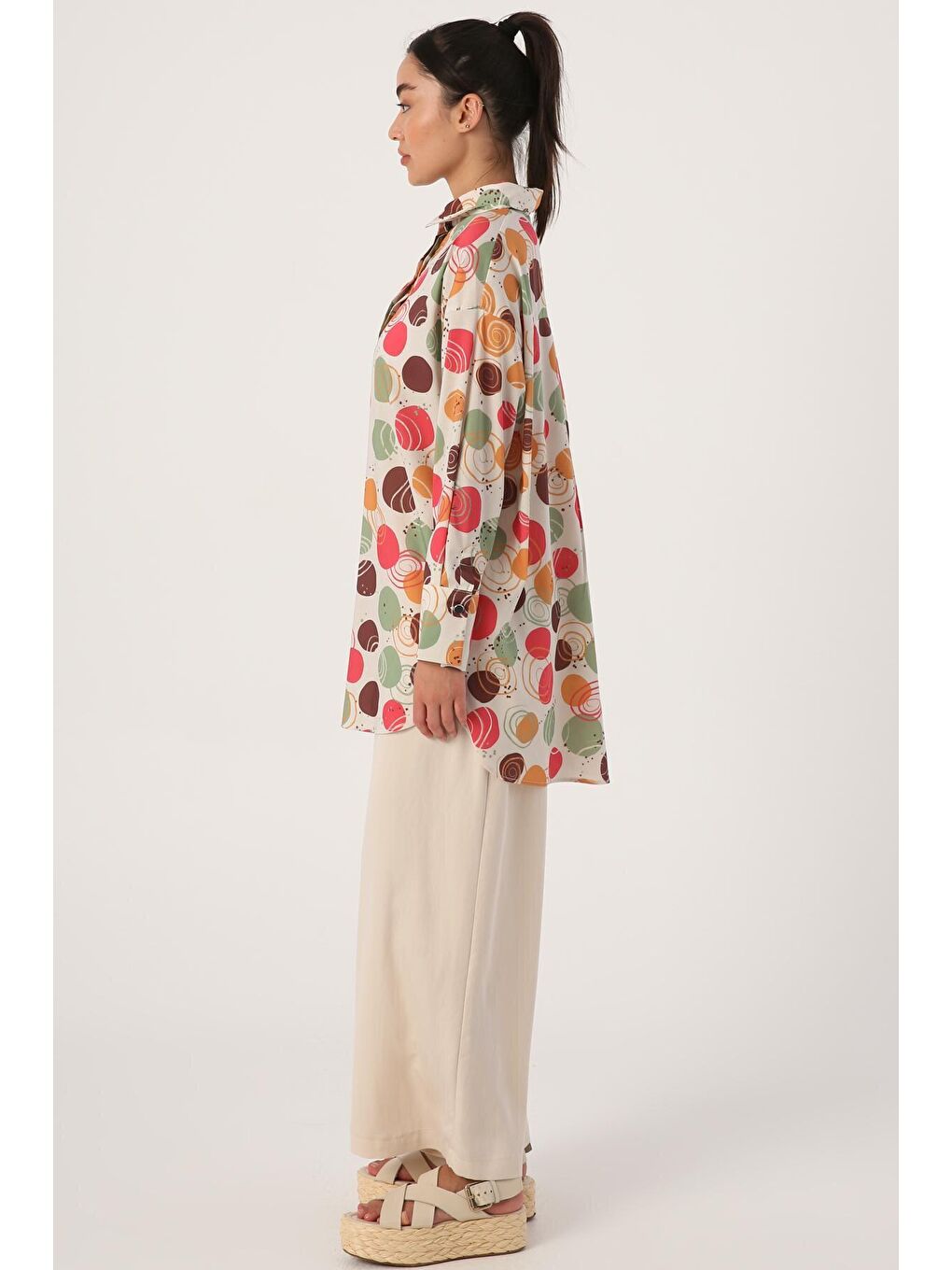 Bej-Yeşil %100 Pamuk Gizli Patlı Oversize Desenli Gömlek Tunik-2