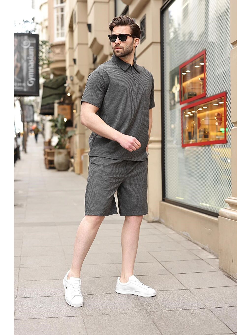 Antrasit Polo Yaka T-Shirt Şort Takım E7363-4