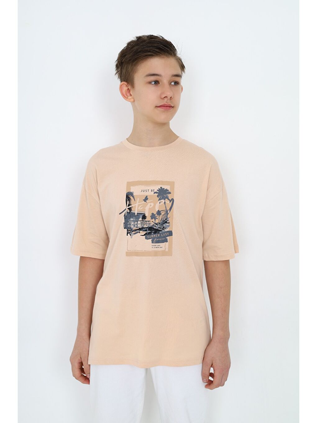 Bej Erkek Çocuk Baskılı Tişört