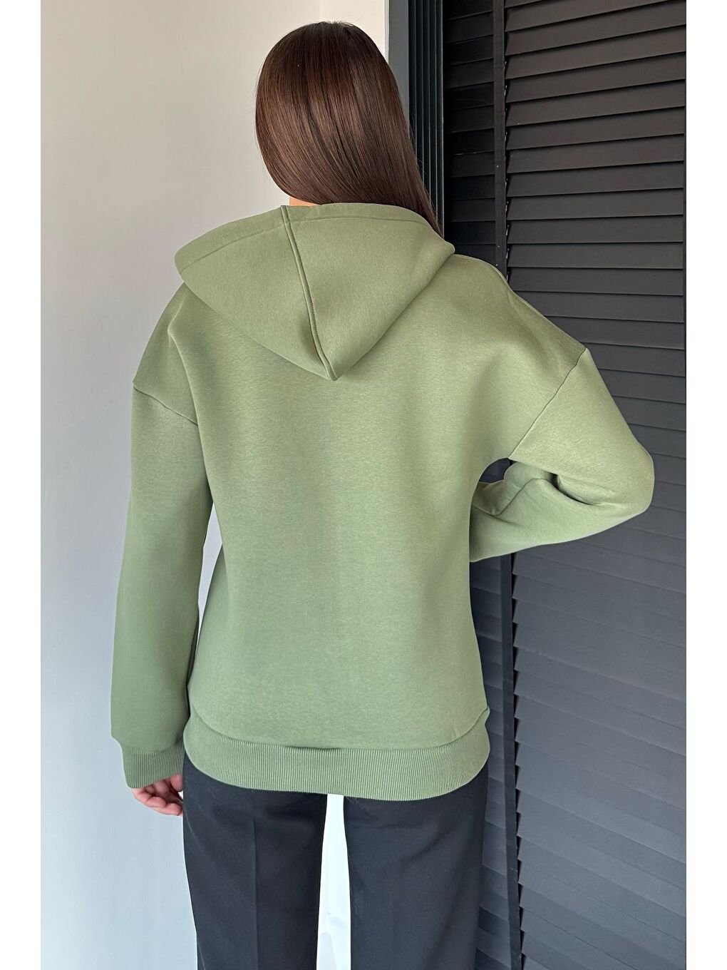 Haki Kadın Üç İplik Şardonlu Kapüşonlu Sweatshirt-3