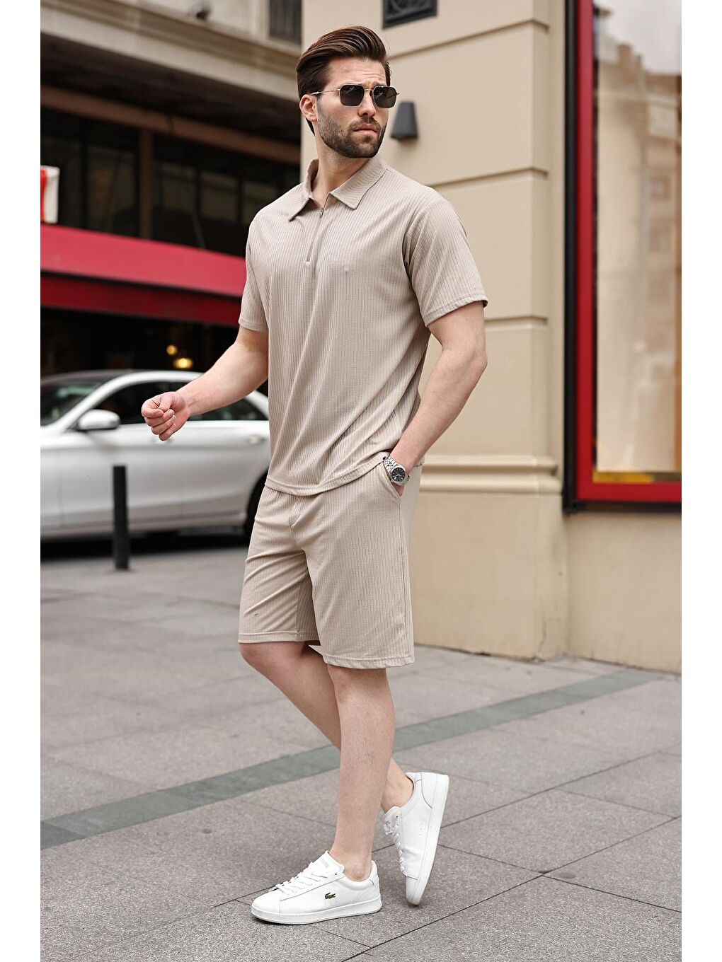 Bej Polo Yaka T-Shirt Şort Takım E7363