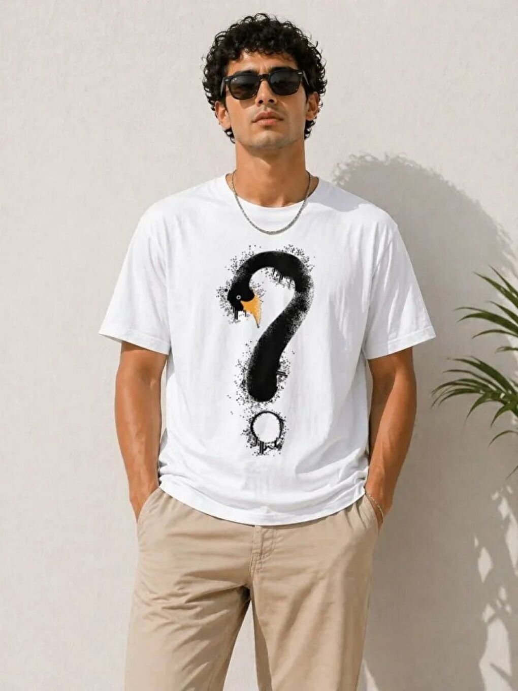 Erkek Kuğu Figürlü Soru İşareti Baskılı Tişört Kısa Kol T-Shirt - Beyaz-1