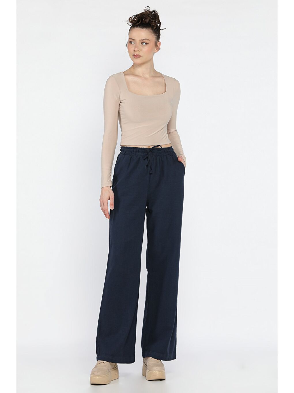 Lacivert Kadın Yüksek Bel Palazzo Keten Pantolon