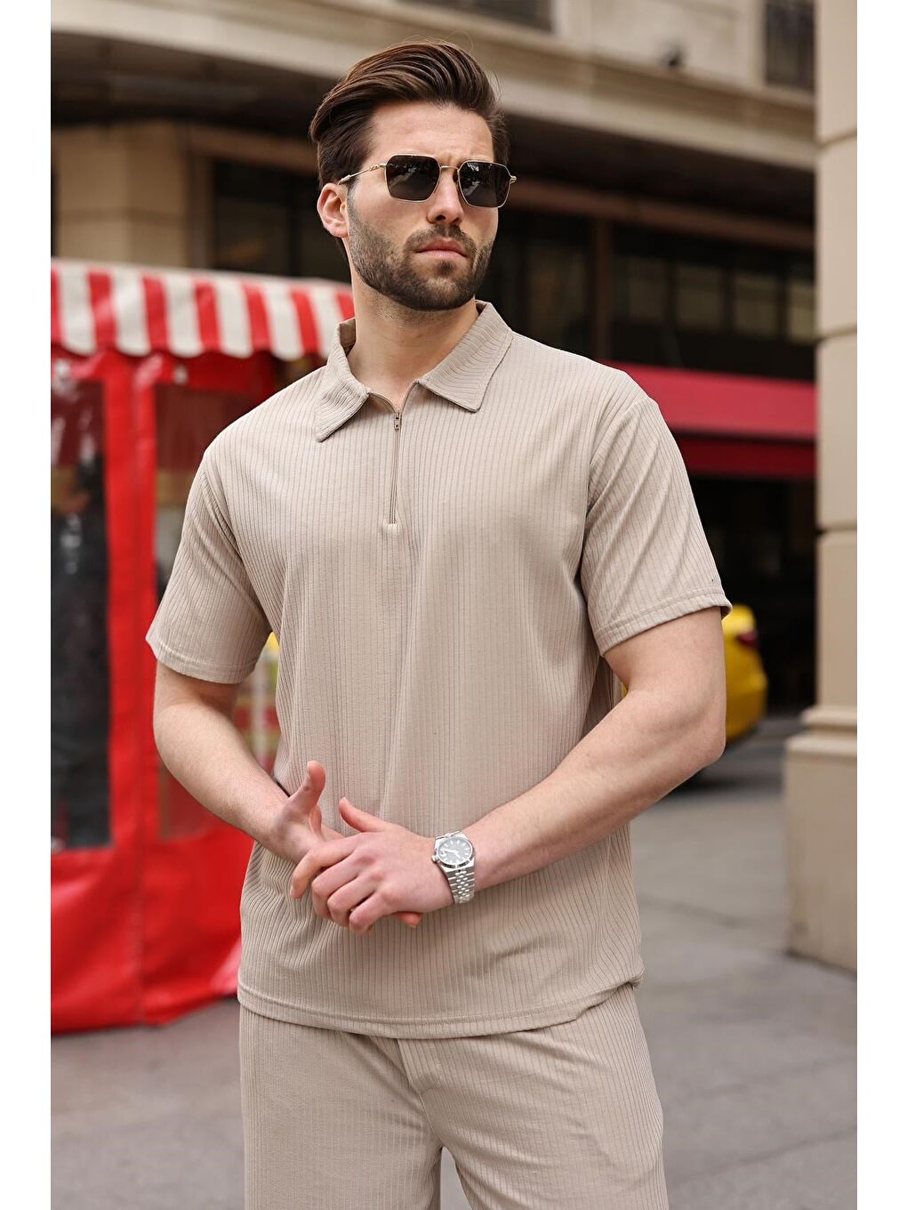 Bej Polo Yaka T-Shirt Şort Takım E7363-1