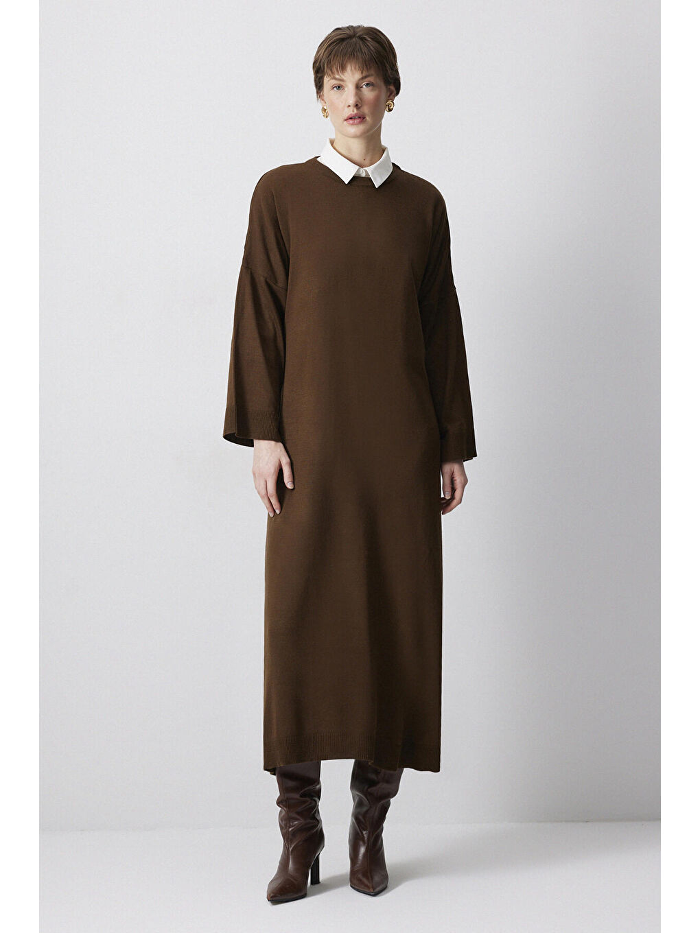 Kahverengi Oversıze Triko Elbise