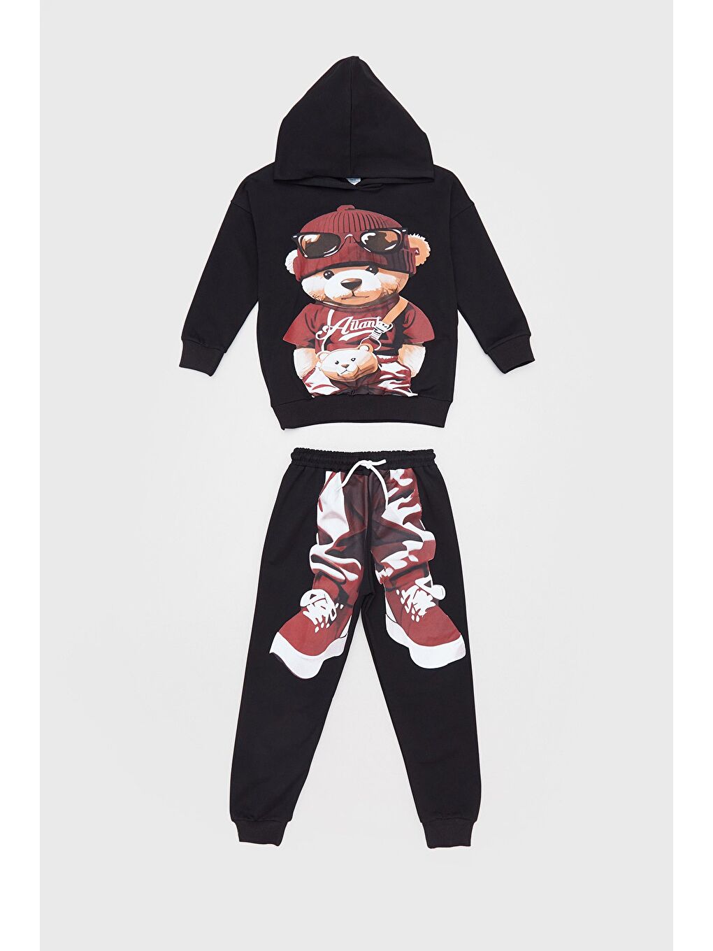 Siyah Ayıcık Baskılı Kapüşonlu Jogger Erkek Çocuk Takım