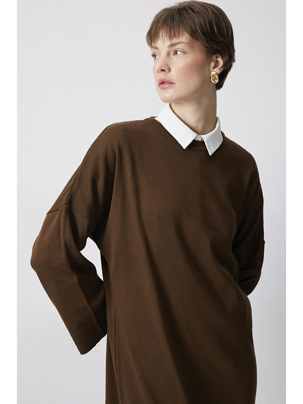 Kahverengi Oversıze Triko Elbise-1