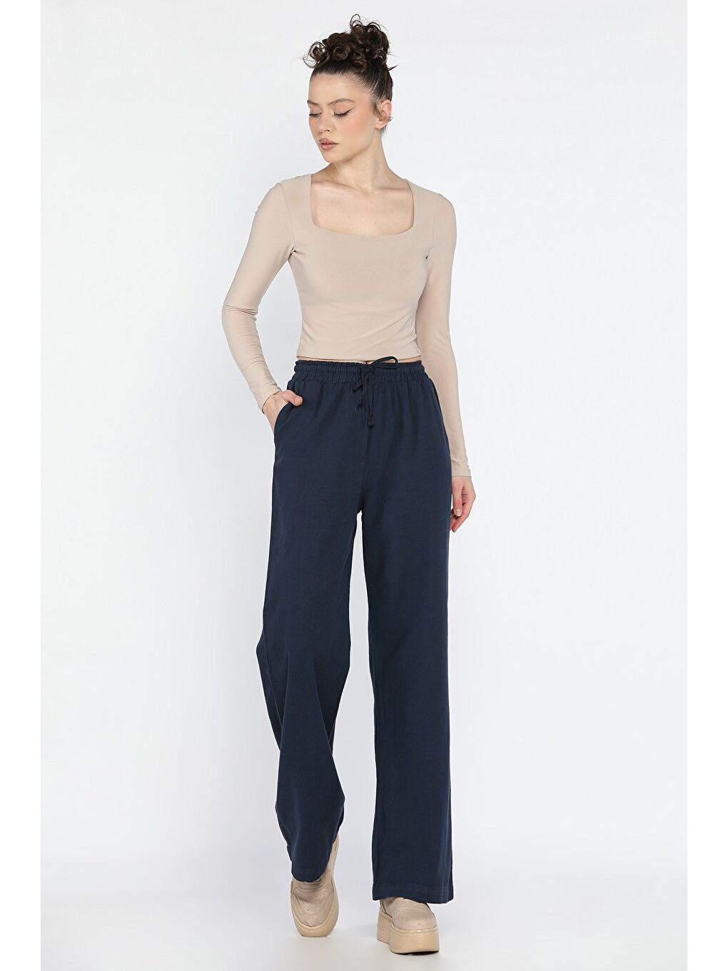 Lacivert Kadın Yüksek Bel Palazzo Keten Pantolon-1