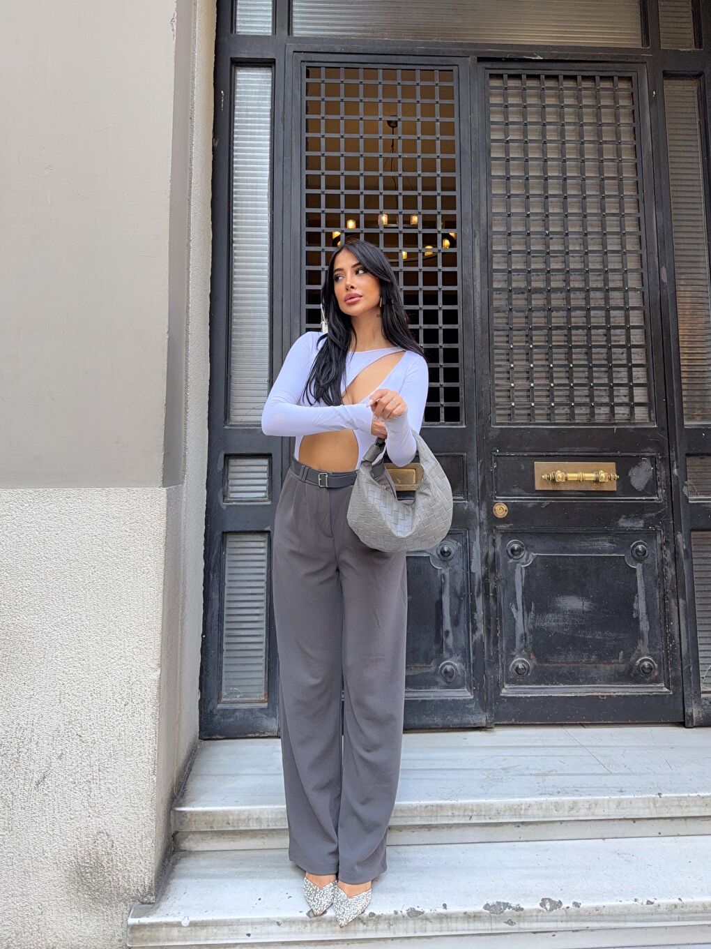 Gri Kemerli Çift Pile Detay Palazzo Pantolon