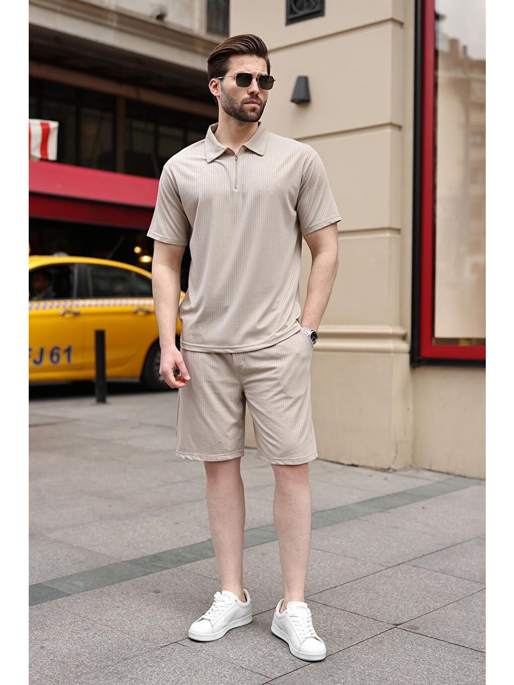 Bej Polo Yaka T-Shirt Şort Takım E7363-3