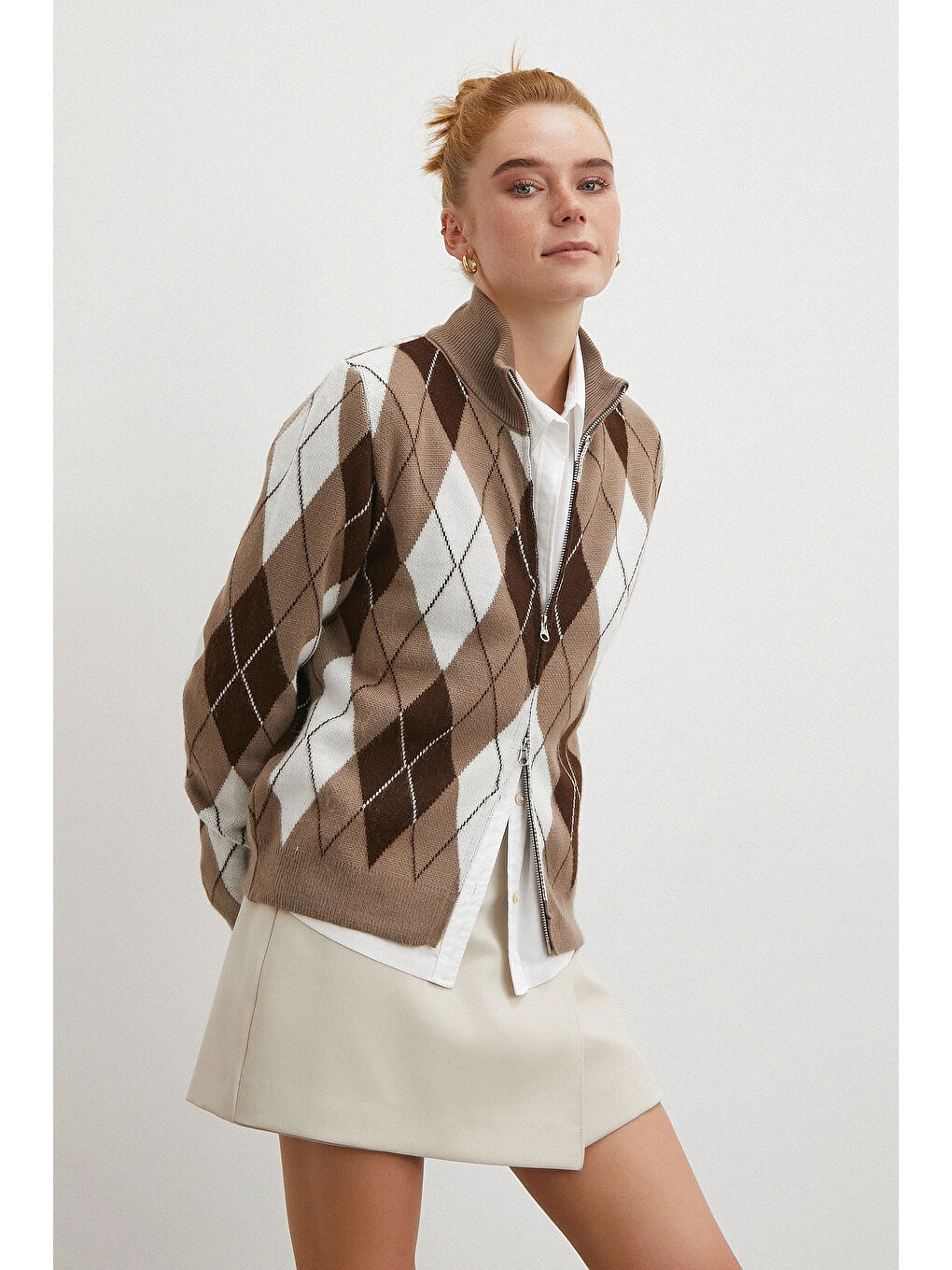 Karışık Fermuarlı Baklava Desen Kazak Kahve