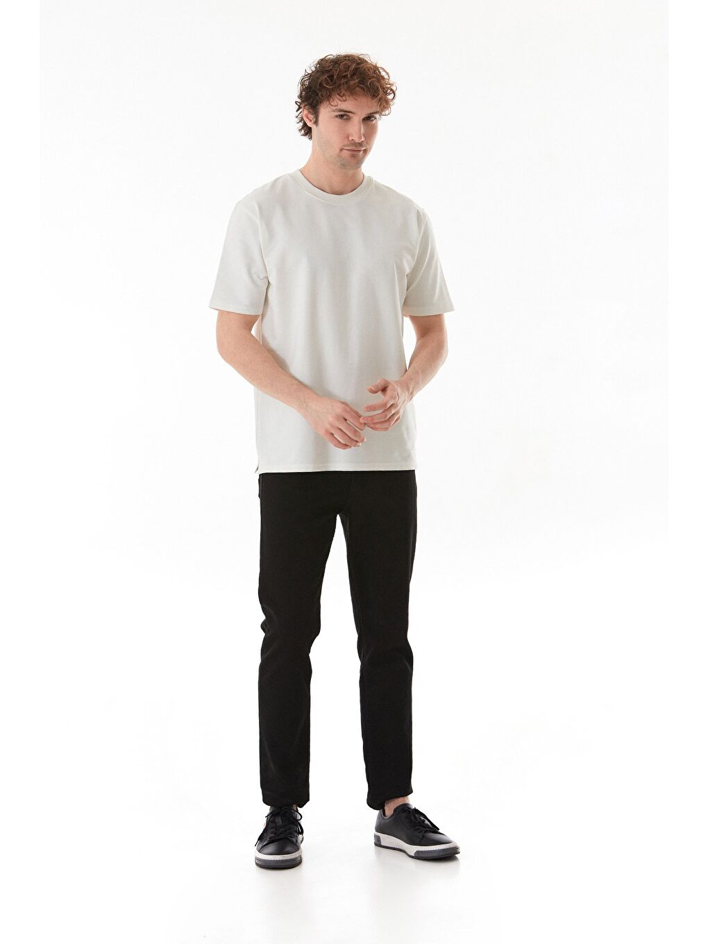 Ekru Basic Bisiklet Yaka Tişört-1