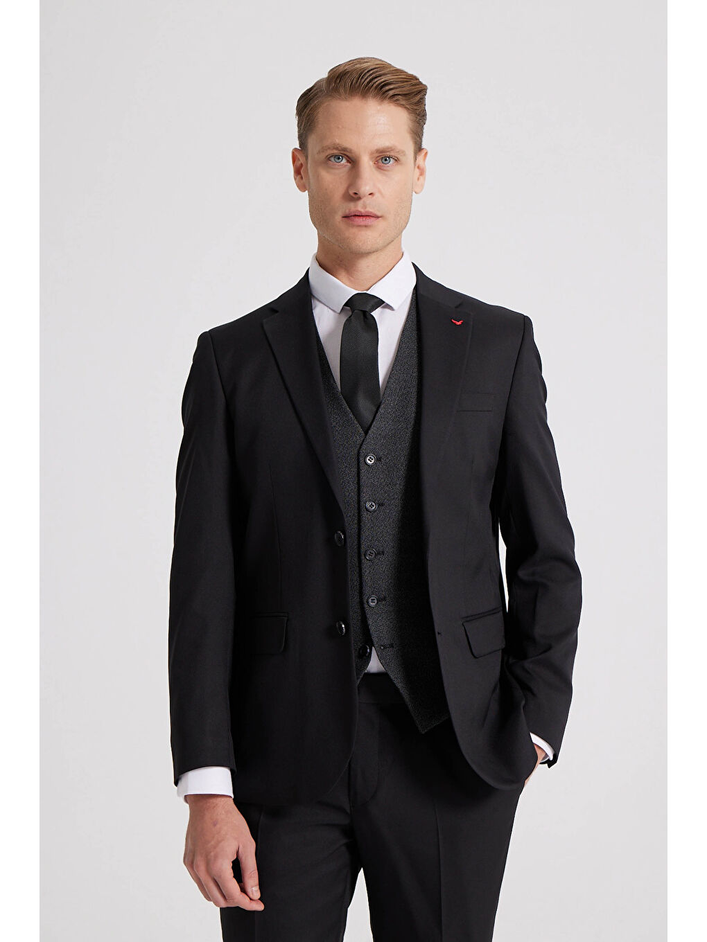 Slim Fit Siyah Düz Mono Yaka Tek Yırtmaçlı Astarlı Takim Elbise Kombinli