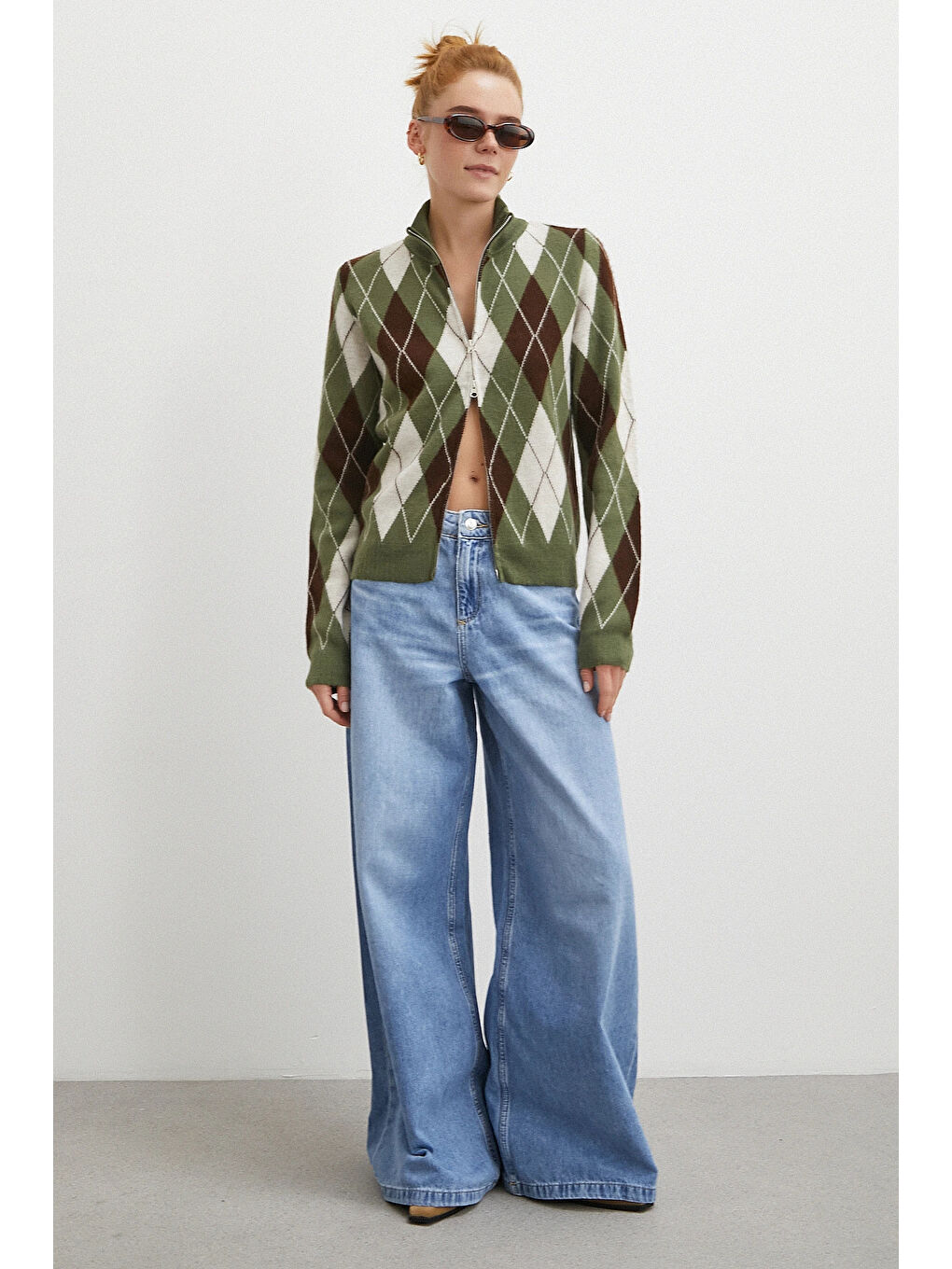 Fermuarlı Baklava Desen Kazak Yeşil-1